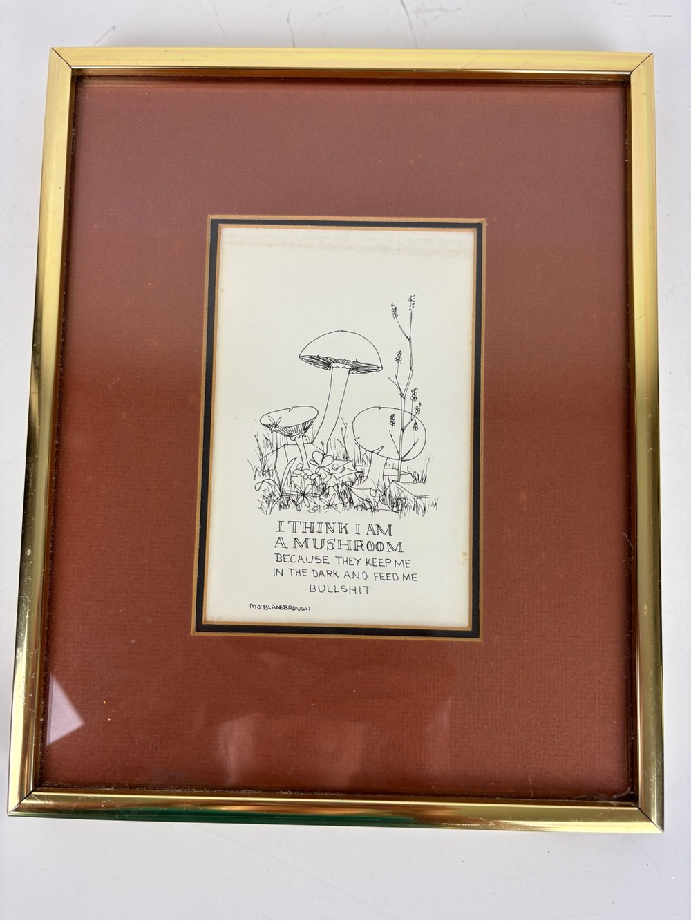 1980s Vintage Wall Art Print MJ Blakebrough “I Think I Am A Mushroom” framed